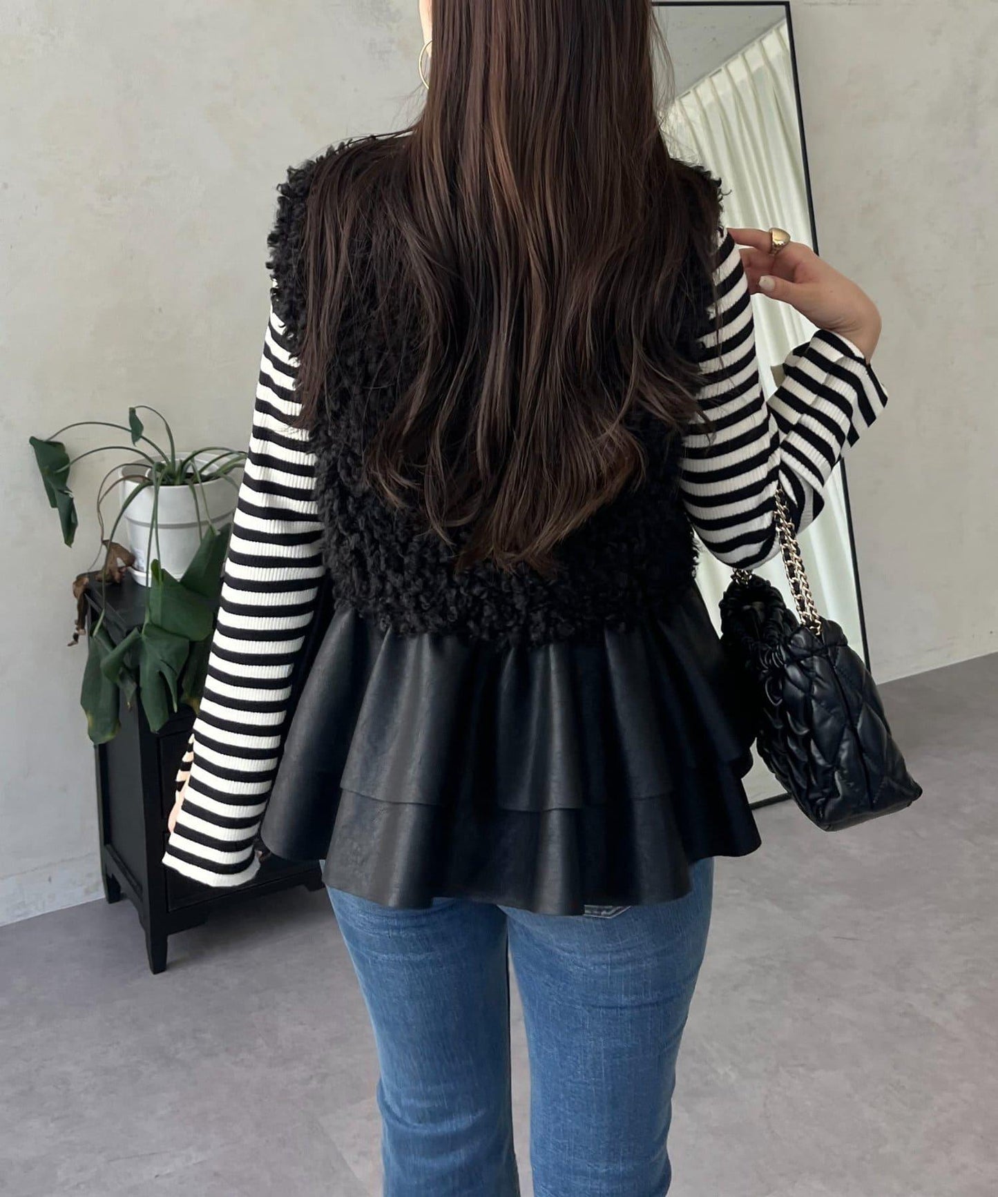 皮革荷葉邊毛絨馬甲