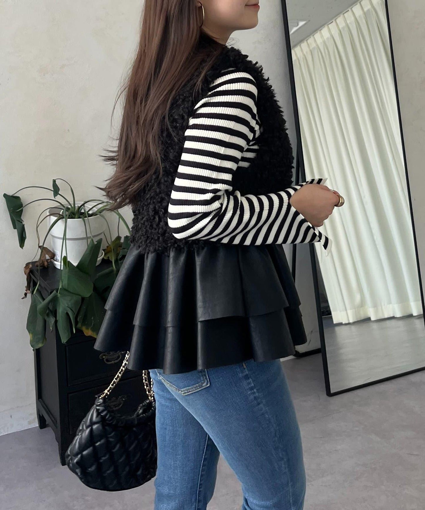 皮革荷葉邊毛絨馬甲