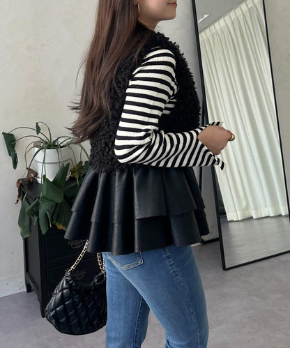 皮革荷葉邊毛絨馬甲