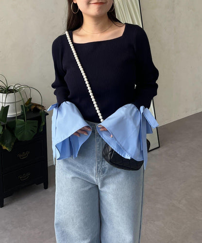 蝴蝶結喇叭袖針織衫