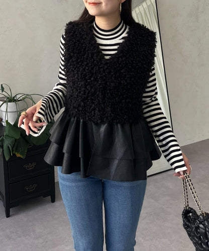 皮革荷葉邊毛絨馬甲