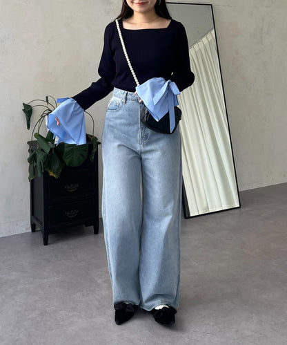 蝴蝶結喇叭袖針織衫