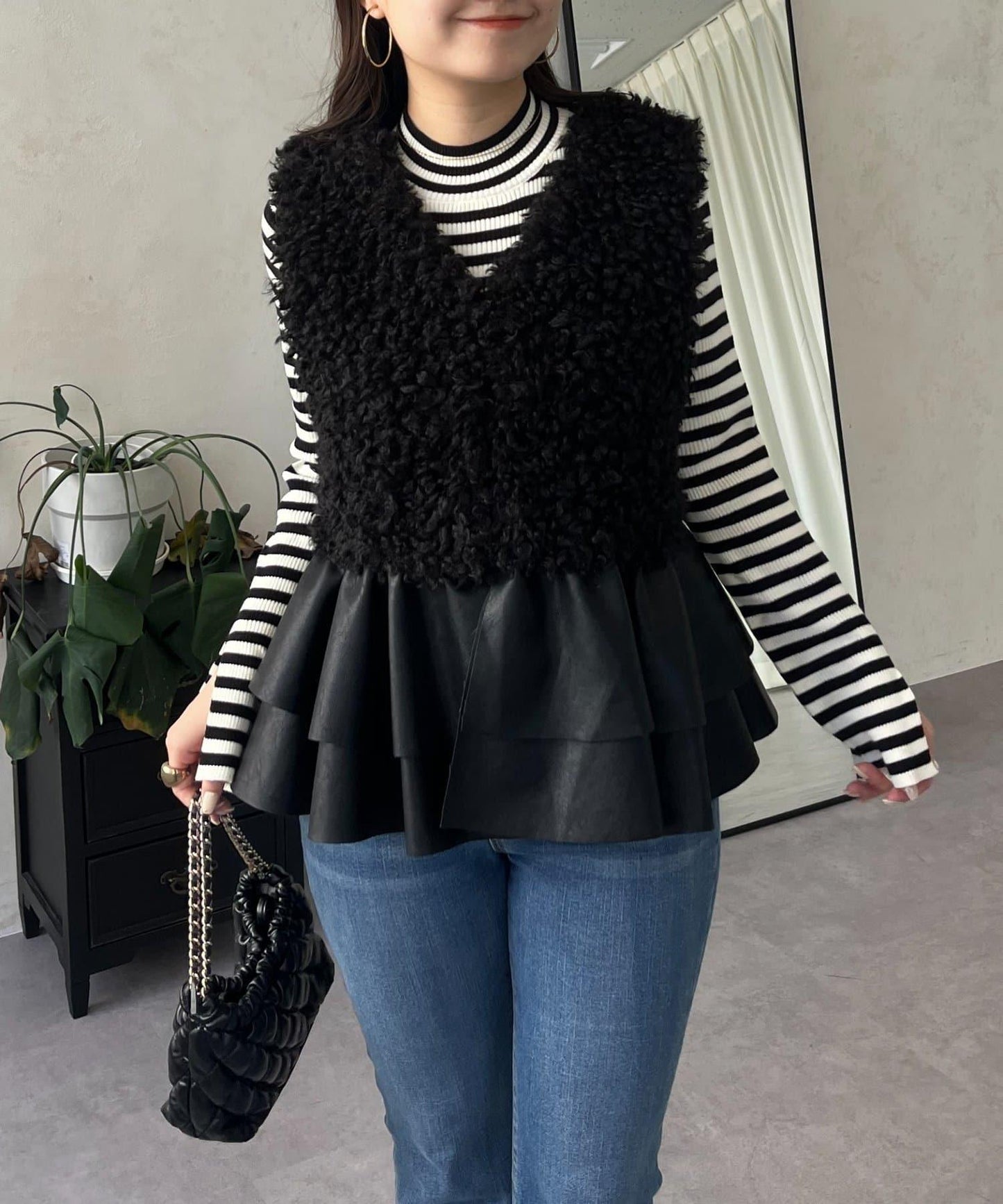 皮革荷葉邊毛絨馬甲