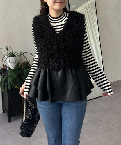 皮革荷葉邊毛絨馬甲