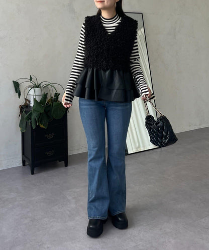 皮革荷葉邊毛絨馬甲