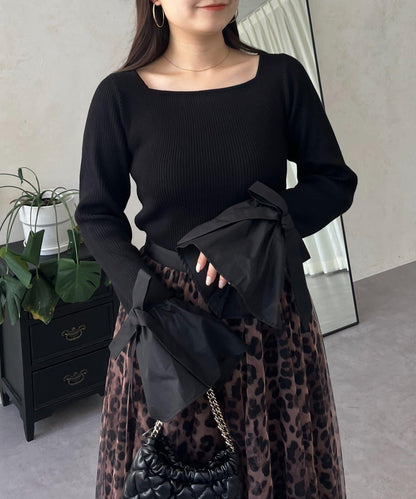 蝴蝶結喇叭袖針織衫