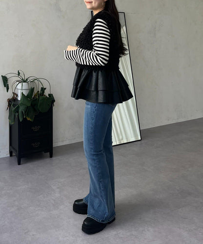 皮革荷葉邊毛絨馬甲