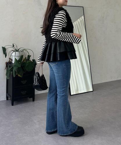 皮革荷葉邊毛絨馬甲