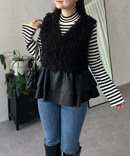 皮革荷葉邊毛絨馬甲