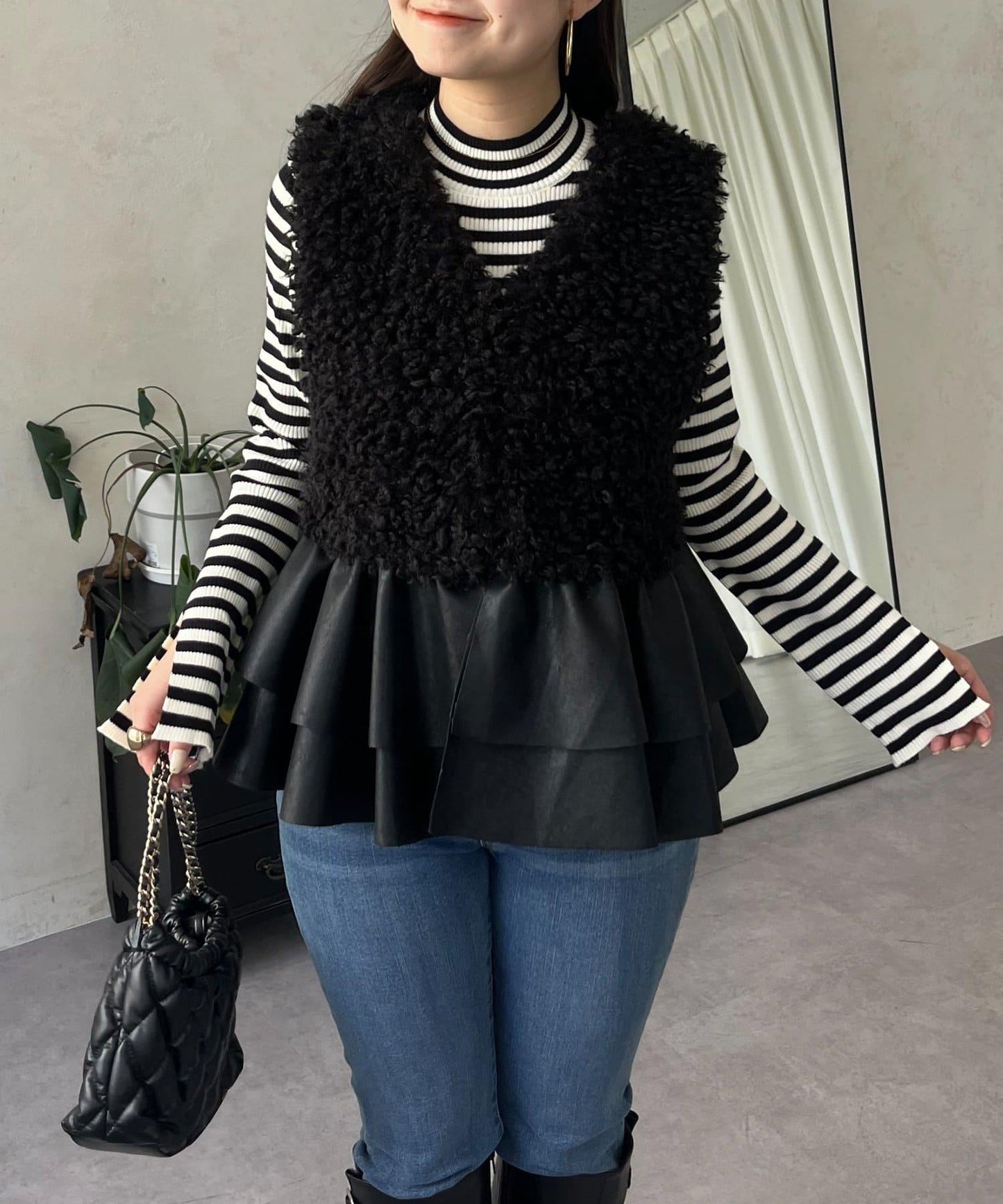 皮革荷葉邊毛絨馬甲