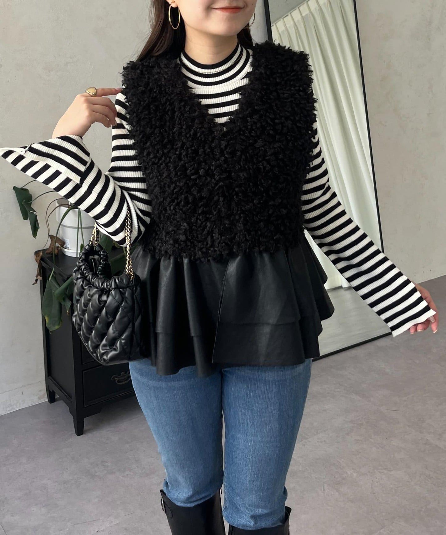 皮革荷葉邊毛絨馬甲