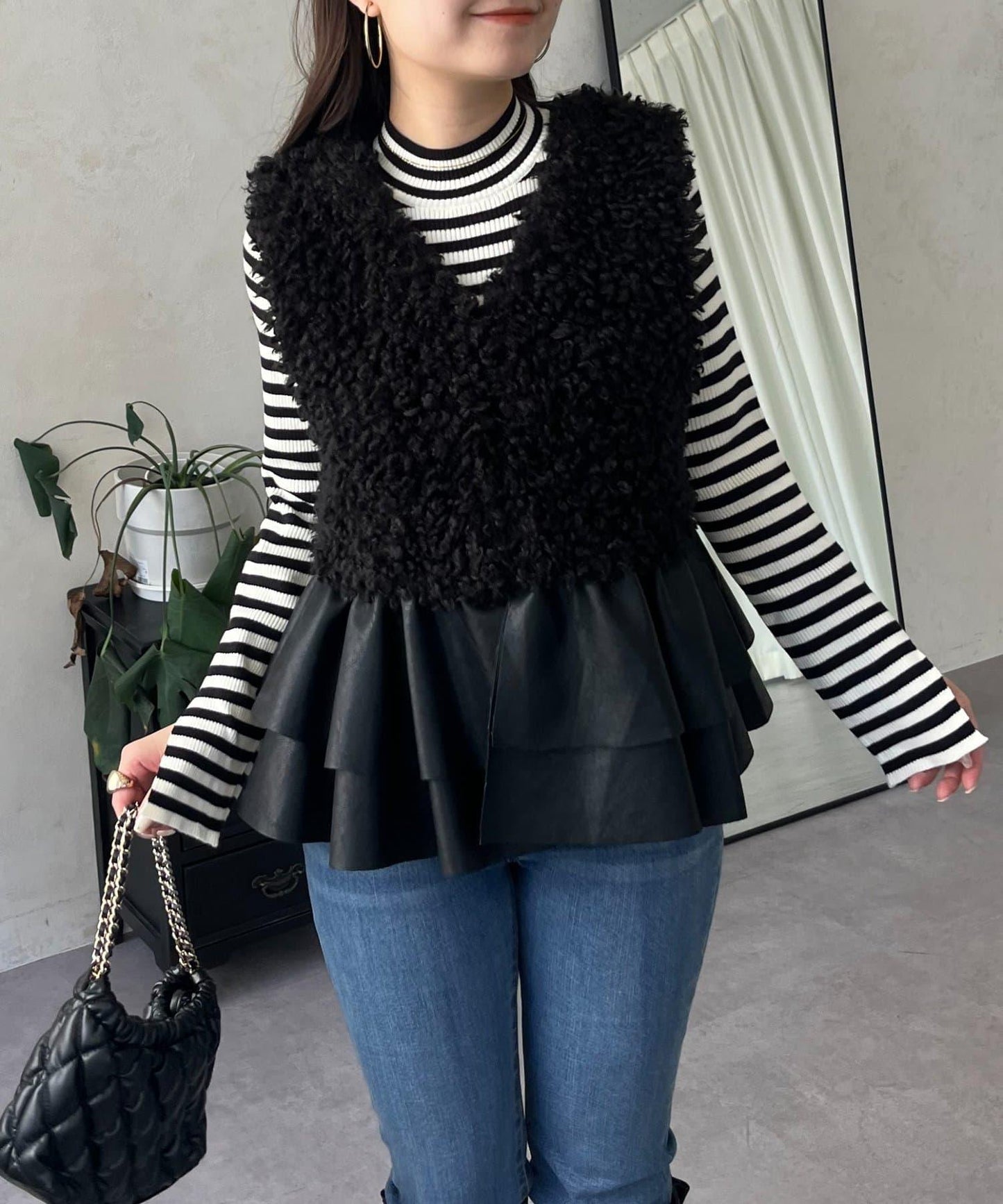 皮革荷葉邊毛絨馬甲