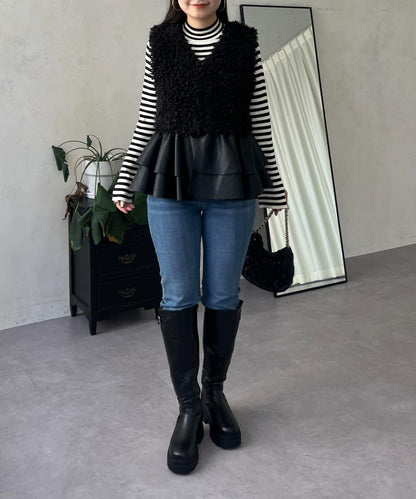 皮革荷葉邊毛絨馬甲