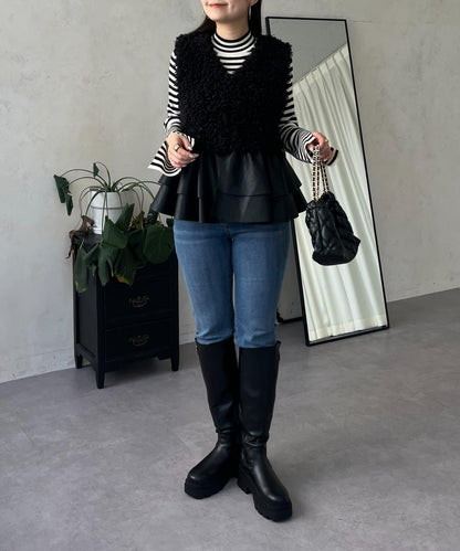 皮革荷葉邊毛絨馬甲