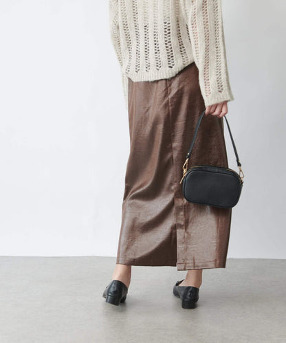 優雅風格亮麵皮革修身半身裙