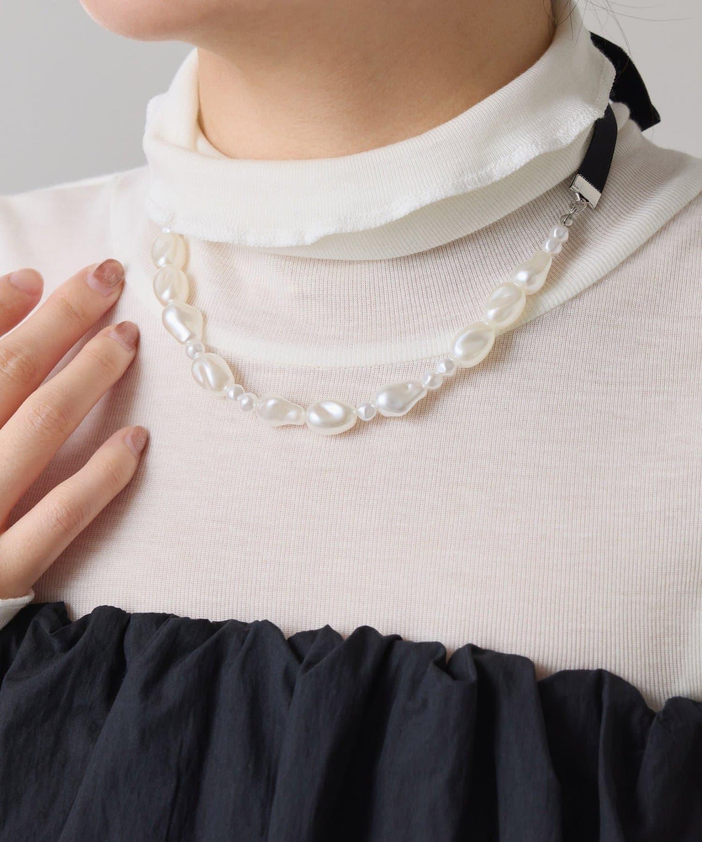 【PAPILLONNER/パピヨネ】珍珠天鵝絨拼接項圈