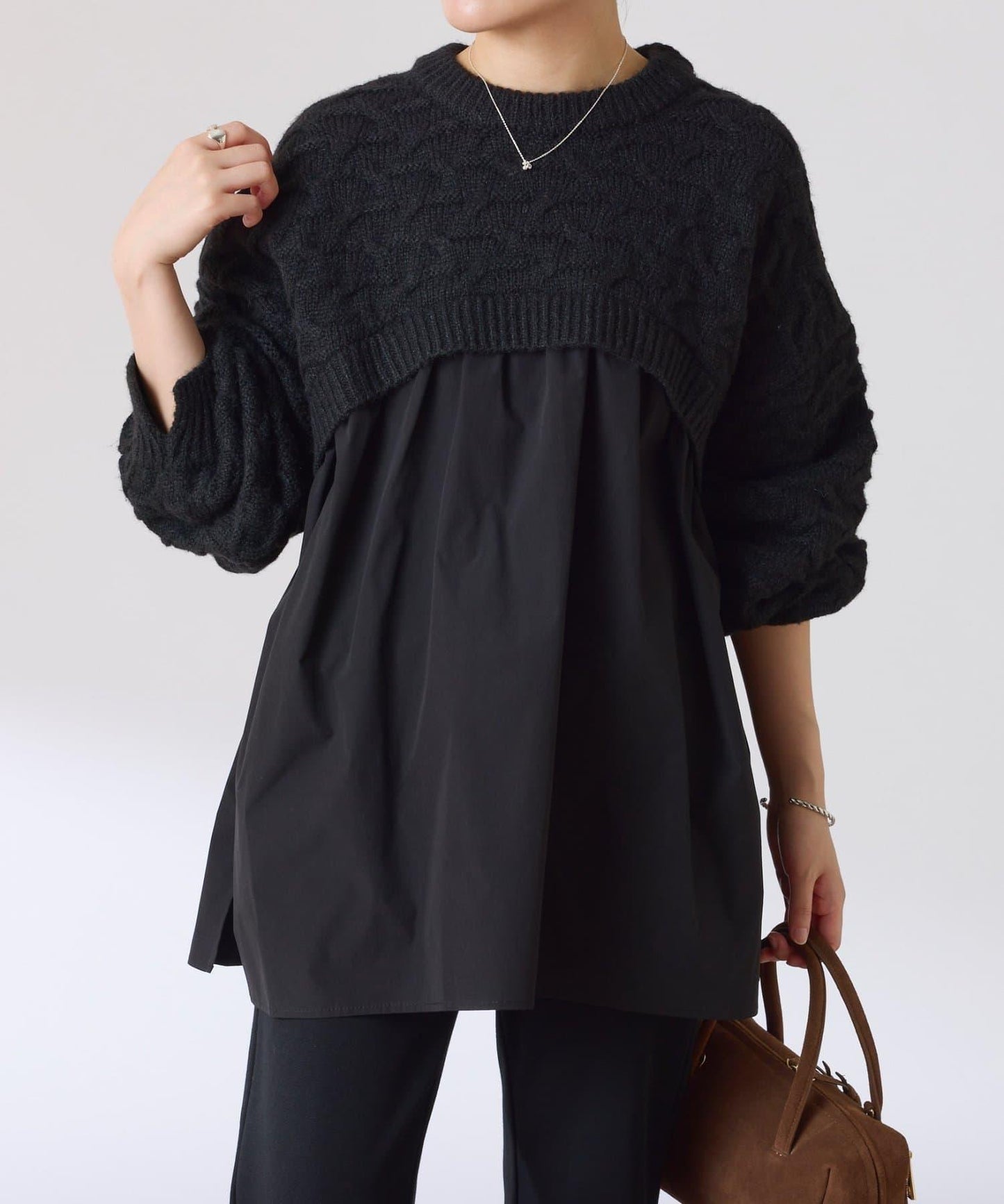 【一件穿出時尚感】拼接編織花紋針織衫