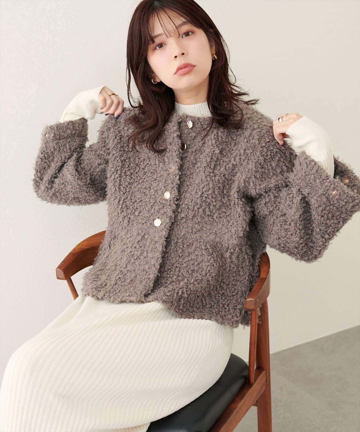 荷葉邊羊羔絨開衫