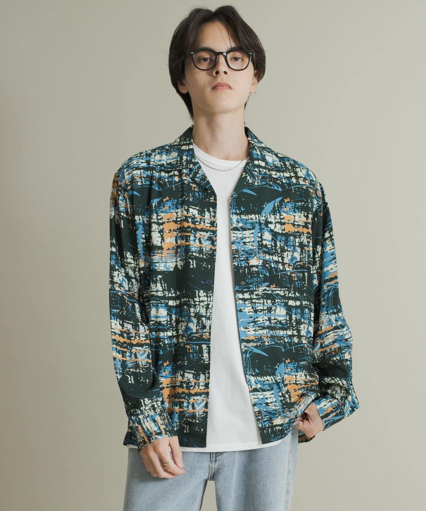 拼色開領長袖襯衫