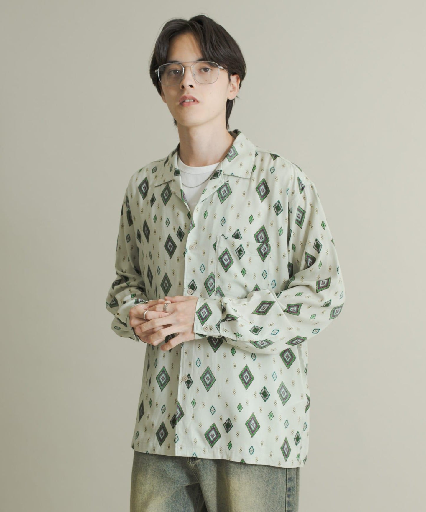 拼色開領長袖襯衫