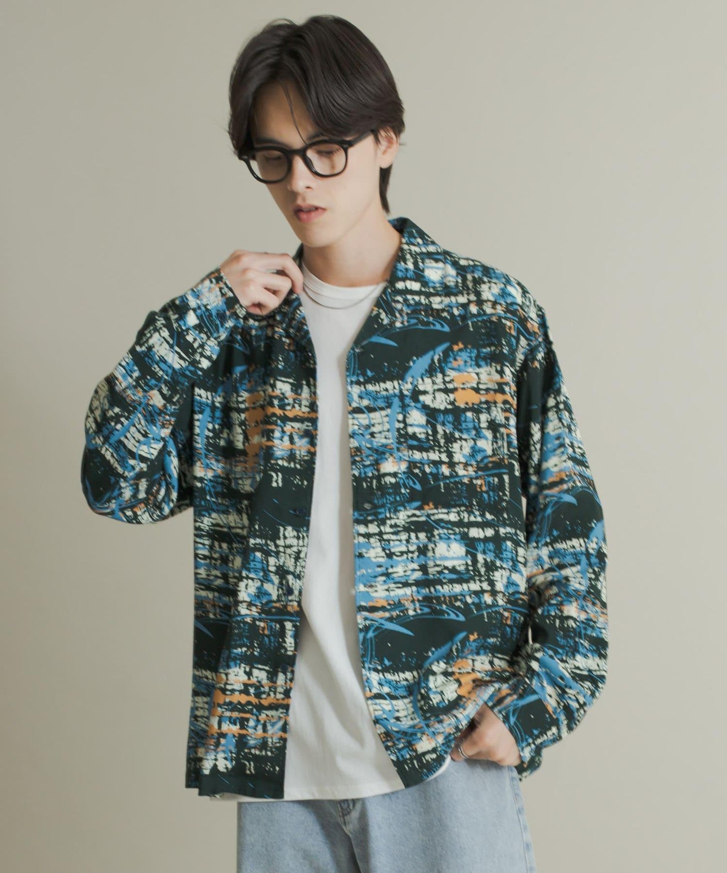 拼色開領長袖襯衫