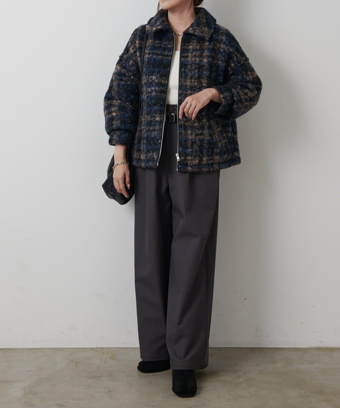 【AW】仿羊毛格紋拉鍊夾克