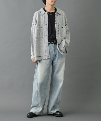 【AW】仿馬海毛手工縫線翻領開衫