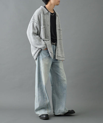 【AW】仿馬海毛手工縫線翻領開衫