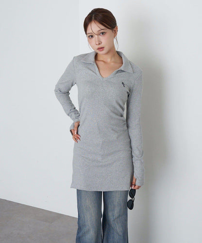 長袖翻領刺繡迷你連衣裙