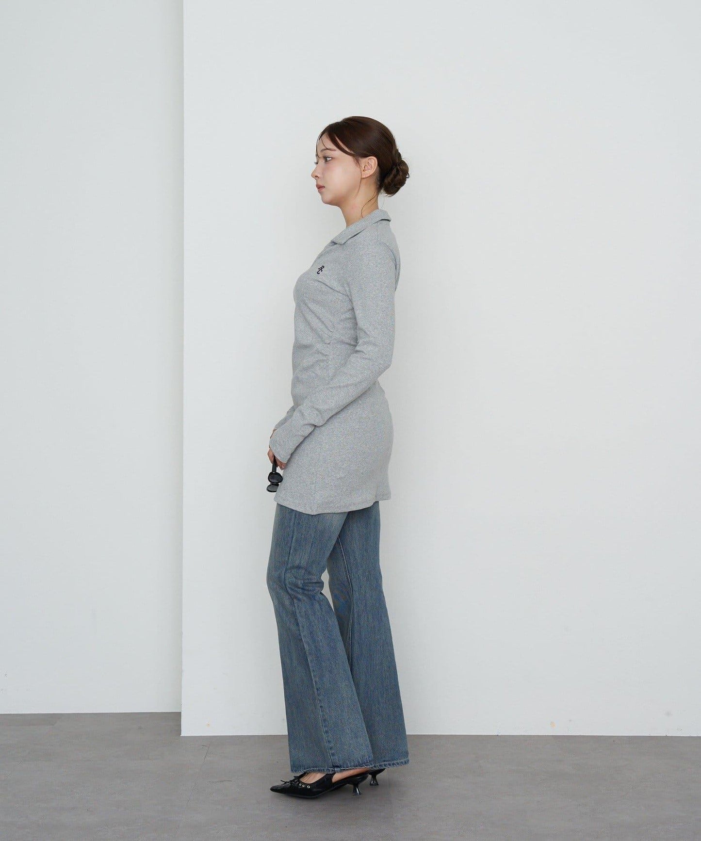 長袖翻領刺繡迷你連衣裙