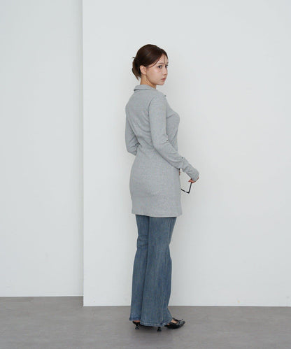 長袖翻領刺繡迷你連衣裙