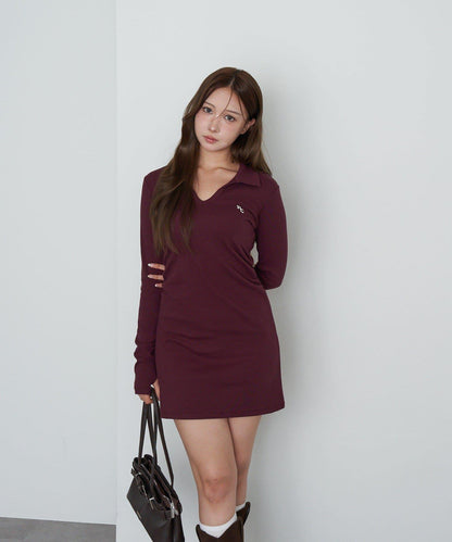 長袖翻領刺繡迷你連衣裙