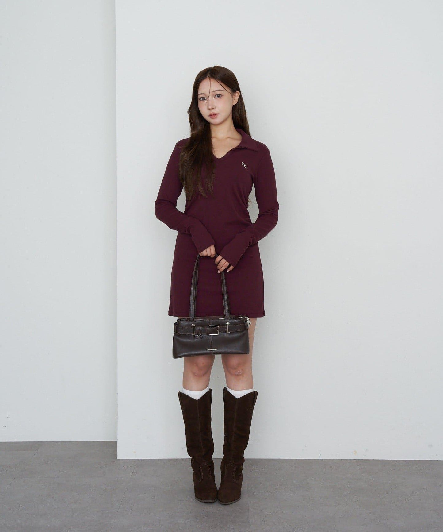 長袖翻領刺繡迷你連衣裙