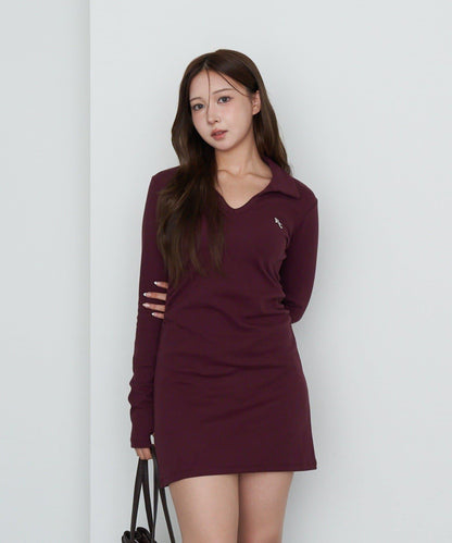 長袖翻領刺繡迷你連衣裙