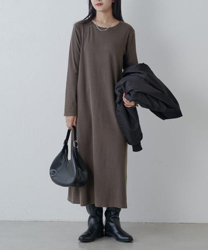 復古工藝後開叉羅紋連衣裙