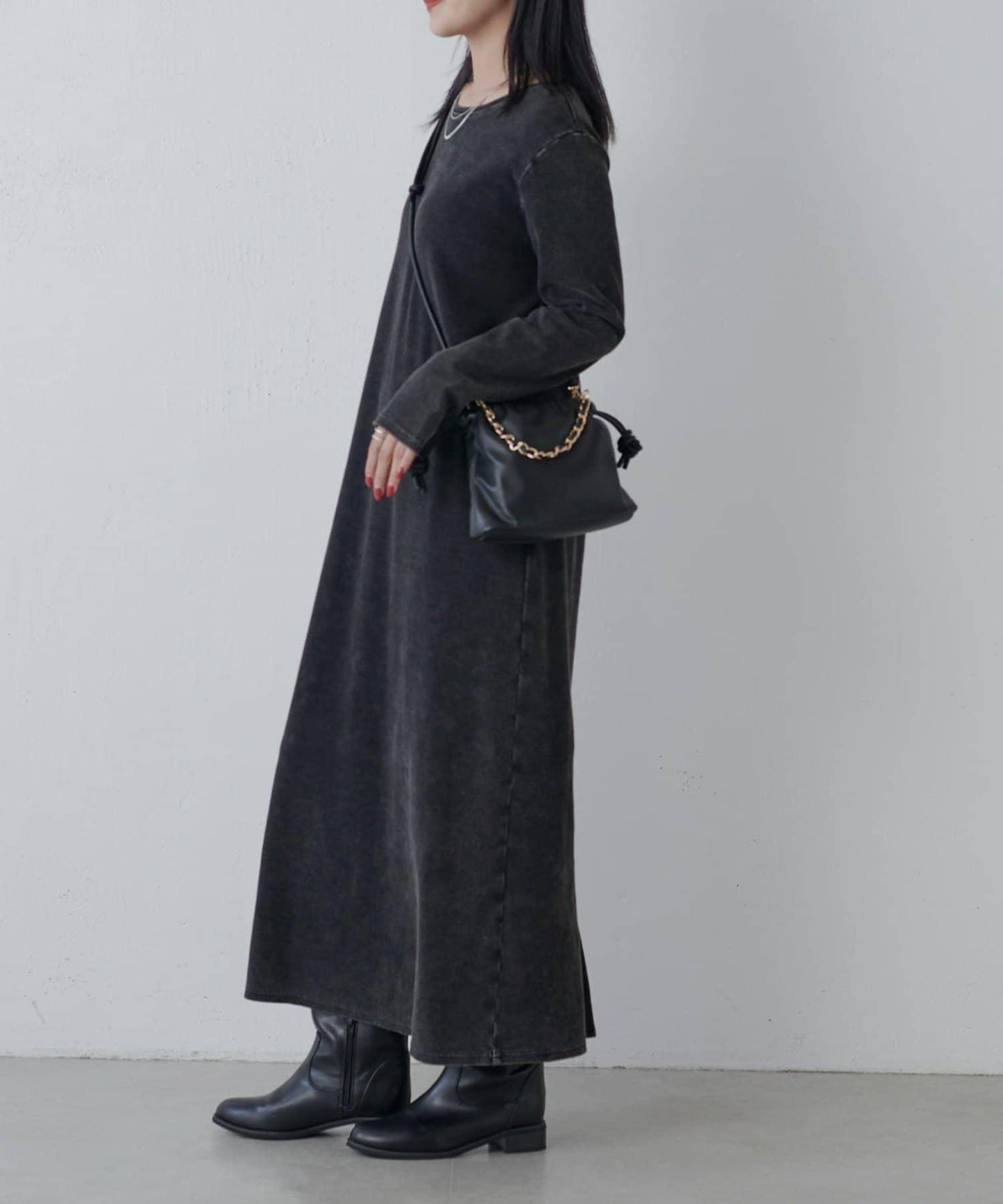 復古工藝後開叉羅紋連衣裙