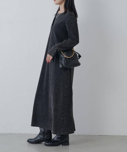 復古工藝後開叉羅紋連衣裙