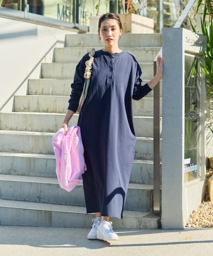 美國棉亨利領長袖連衣裙