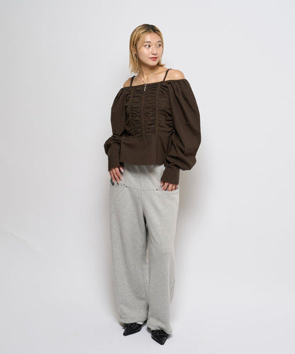 2WAY一字肩泡泡袖襯衫