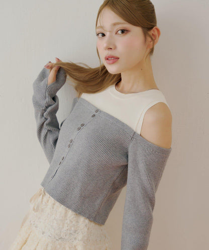 【Chico】針織一字肩拼接針織衫