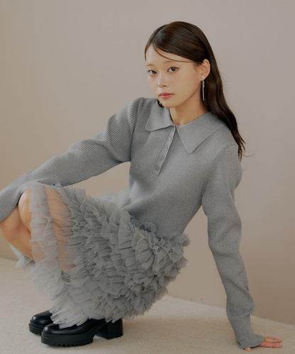 【SALON by Chico】荷葉邊層疊翻領迷你連衣裙