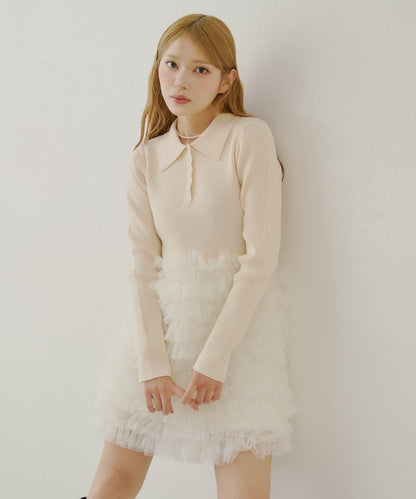 【SALON by Chico】荷葉邊層疊翻領迷你連衣裙