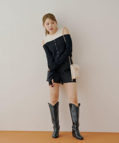 【Chico】針織一字肩拼接針織衫