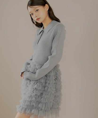 【SALON by Chico】荷葉邊層疊翻領迷你連衣裙