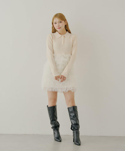 【SALON by Chico】荷葉邊層疊翻領迷你連衣裙