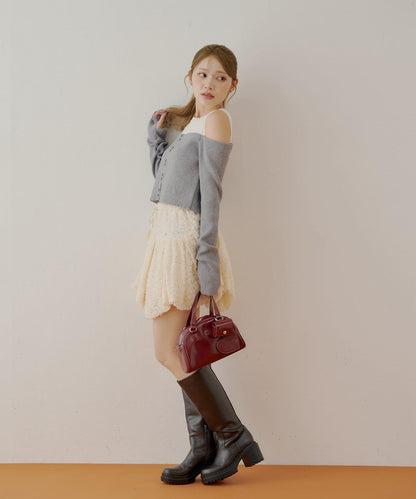 【Chico】針織一字肩拼接針織衫