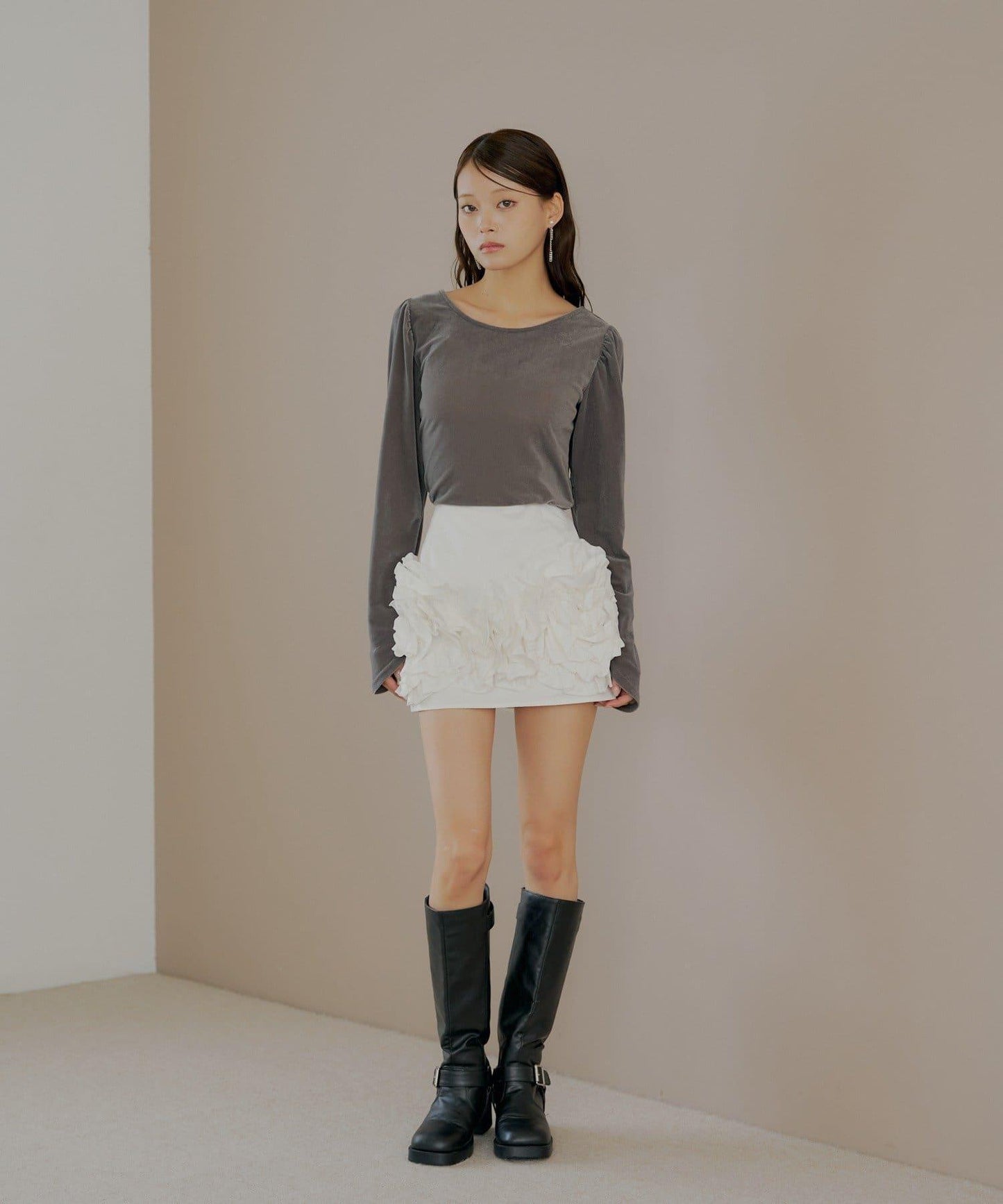 【Chico】荷葉邊設計蓬鬆迷你裙