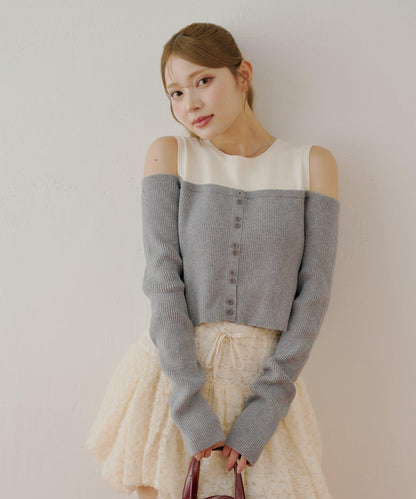 【Chico】針織一字肩拼接針織衫