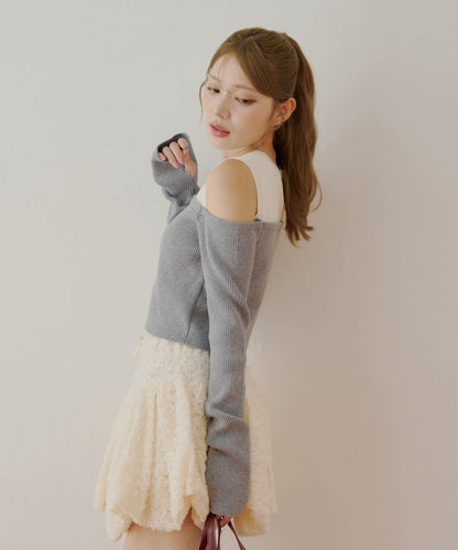 【Chico】針織一字肩拼接針織衫