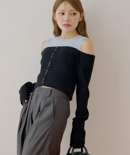 【Chico】針織一字肩拼接針織衫